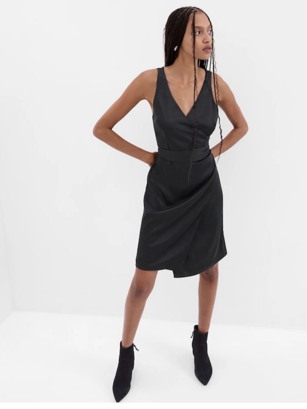GAP Black Satin Sleeveless Wrap Dress